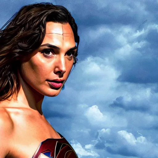 Image similar to an potrait of gal gadot play Man of Steel replacing Henry Cavill, she looking to camera, photorealistic, 4k