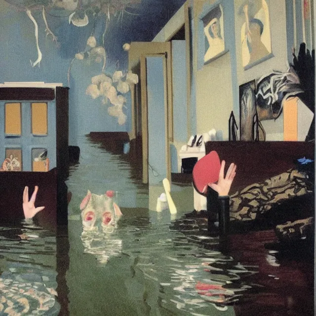 Image similar to tall female emo artists in their flooded apartment, painting of flood waters inside an artist's home, a river flooding indoors, pomegranates, pigs, ikebana, zen, water, octopus, river, rapids, waterfall, black swans, canoe, berries, acrylic on canvas, surrealist, by magritte and monet