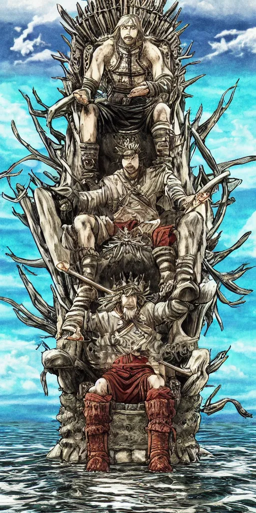 Image similar to a single highly detailed lone king sitting on a throne floating on water in the middle of a lake drawn by Makoto Yukimura in the style of Vinland saga anime, full color, detailed,