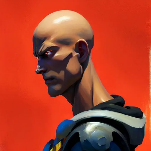 Image similar to Greg Manchess portrait painting of Saitama as Overwatch character, medium shot, asymmetrical, profile picture, Organic Painting, sunny day, Matte Painting, bold shapes, hard edges, street art, trending on artstation, by Huang Guangjian and Gil Elvgren and Sachin Teng