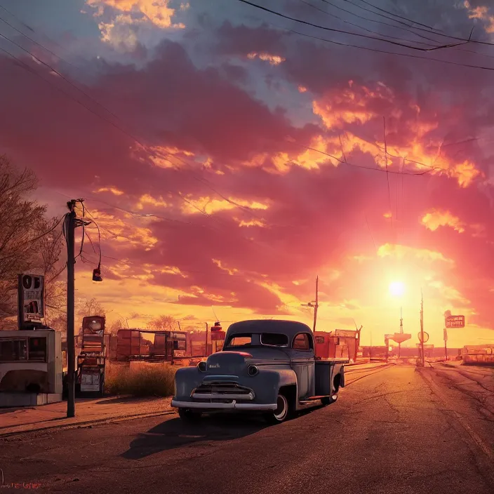 Image similar to a sunset light landscape with historical route 6 6, lots of sparkling details and sun ray ’ s, blinding backlight, smoke, volumetric lighting, colorful, octane, 3 5 mm, abandoned gas station, old rusty pickup - truck, beautiful epic colored reflections, very colorful heavenly, softlight