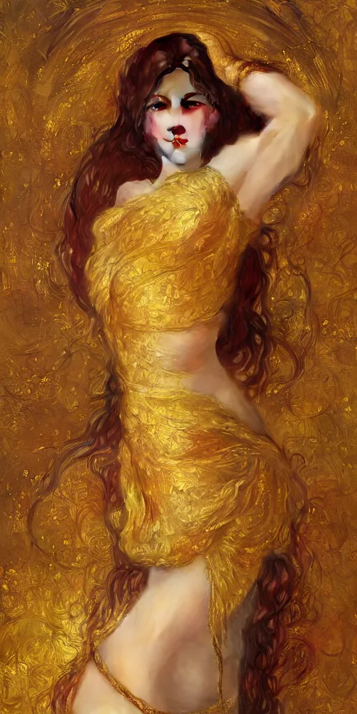 Image similar to ultra realistic illustration studio of a beautiful elegant girl in an artistic pose covered in golden silk cloths, intricate, elegant, highly detailed, digital painting, artstation, concept art, smooth, sharp focus, illustration, art by artgerm and greg rutkowski and alphonse mucha by klimt