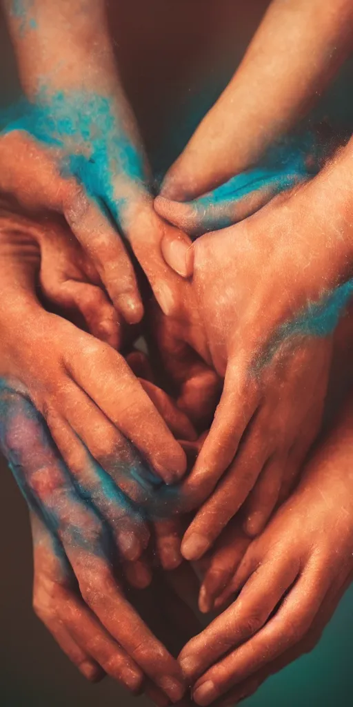 Image similar to a blurry closeup picture of skin gripped tightly, human bodies, hands, macro photography, long exposure photograph, surrealism, anamorphic bokeh, orange and cyan lighting, cinematic