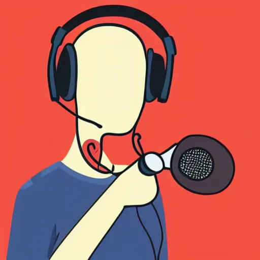 Image similar to a minimal logo of a bagel wearing headphones and talking to a microphone at a podcast, digital art, flat colors