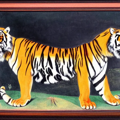 Prompt: Tiger Tiger, burning bright, In the forests of the night, What immortal hand or eye, Could frame thy fearful symmetry. oil painting by william blake