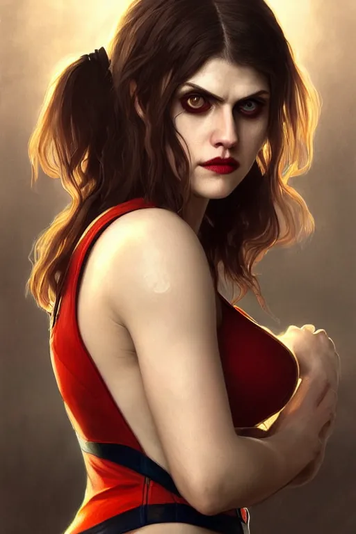 Image similar to alexandra daddario as harley qwin, realistic portrait, symmetrical, highly detailed, digital painting, artstation, concept art, smooth, sharp focus, illustration, cinematic lighting, art by artgerm and greg rutkowski and alphonse mucha