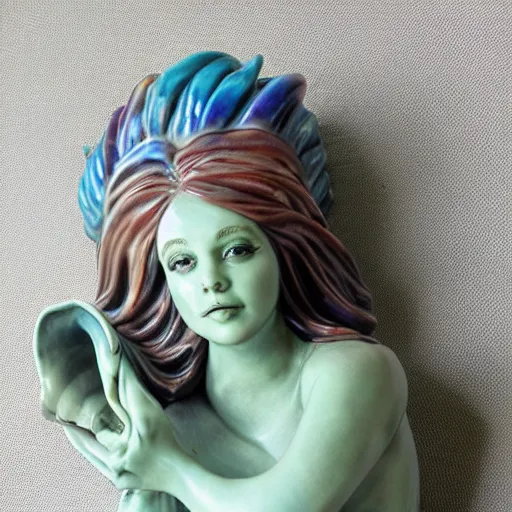 Image similar to a ceramic realistic mermaid sculpture mug, creative, beautiful, award winning design, functional, colorful