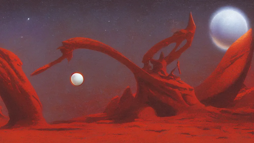 Image similar to mysterious whimsical sculpture of an alien crescent moon by paul lehr and john schoenherr and john harris, cinematic matte painting