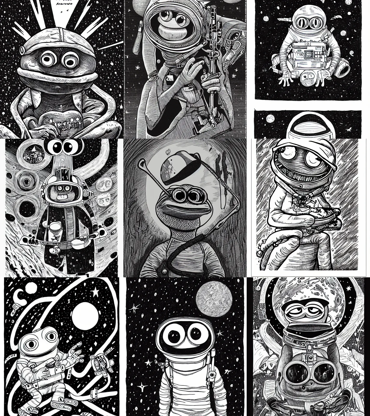 Prompt: pepe the frog astronout, by matt furie, black and white drawing, in the style of greg rutkowski, fantasy, amazing detail, epic, intricate, elegant, smooth, sharp focus