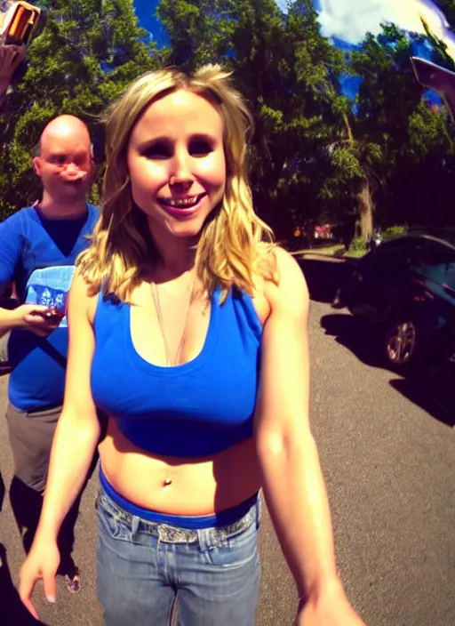 Image similar to gopro footage, pov, first person point of view photograph of my hand grabbing kristen bell's fat chubby belly, her belly is fat and round