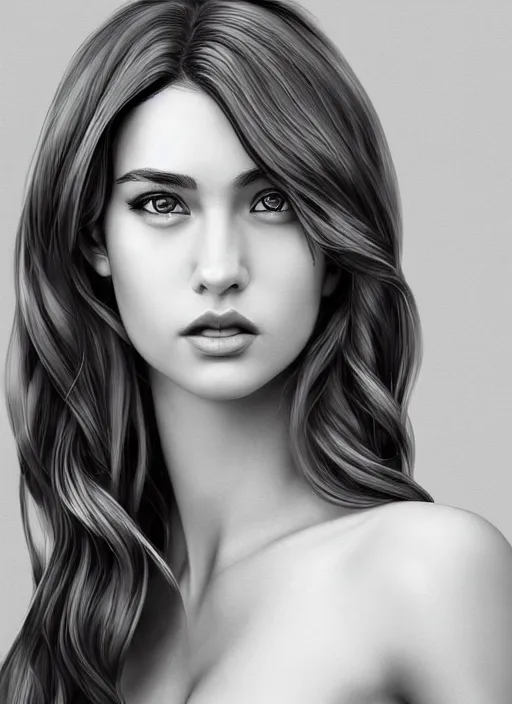 Image similar to full body portrait of a beautiful young woman in black and white, photorealistic, hair down to waist, sharp focus, in the style of Kevin Kostic, Stephen Lau and artgerm, hyper sharp focus, 8k highly detailed