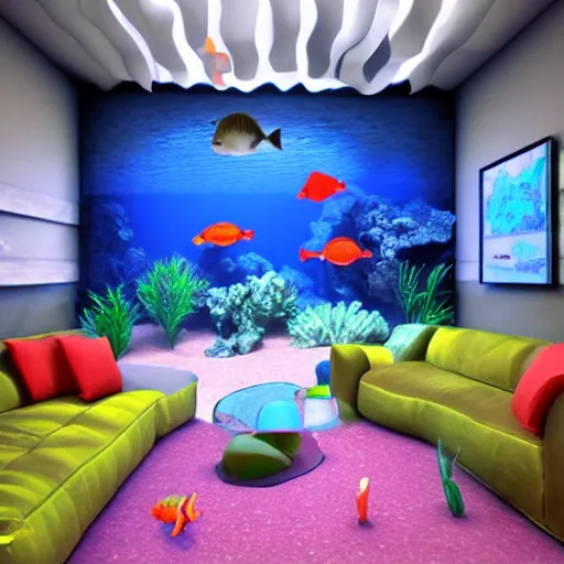 Prompt: realistic 3 d designed big modern room as aquarium with a beautiful fishes and corals, realistic colors, realistic shadows, daylight made by blender and cinema 4 d, hd, 3 d