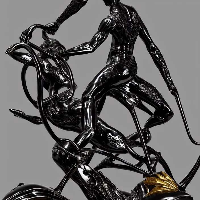 Image similar to fine art statue of black egyptian man on a surrealist motorbike, ebony art deco, carved black marble, inlaid with ebony and gold accents, ebony rococo, wings black lace wear, spider zero, zaha hadid, beautifully lit, hyper detailed, intricate, elite, ornate, photorealistic, micro details, 3 d sculpture, ray trace