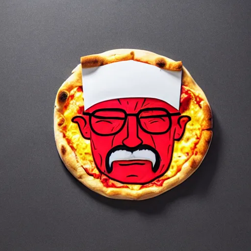 Prompt: pizza pie shaped like walter white, promotional material, 4 k, professional photography