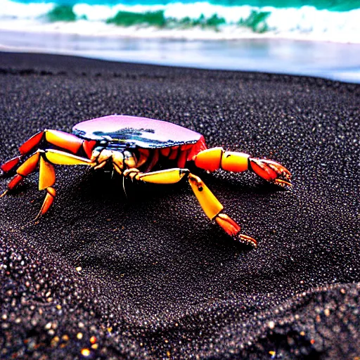 Prompt: crustacean on black sand beach