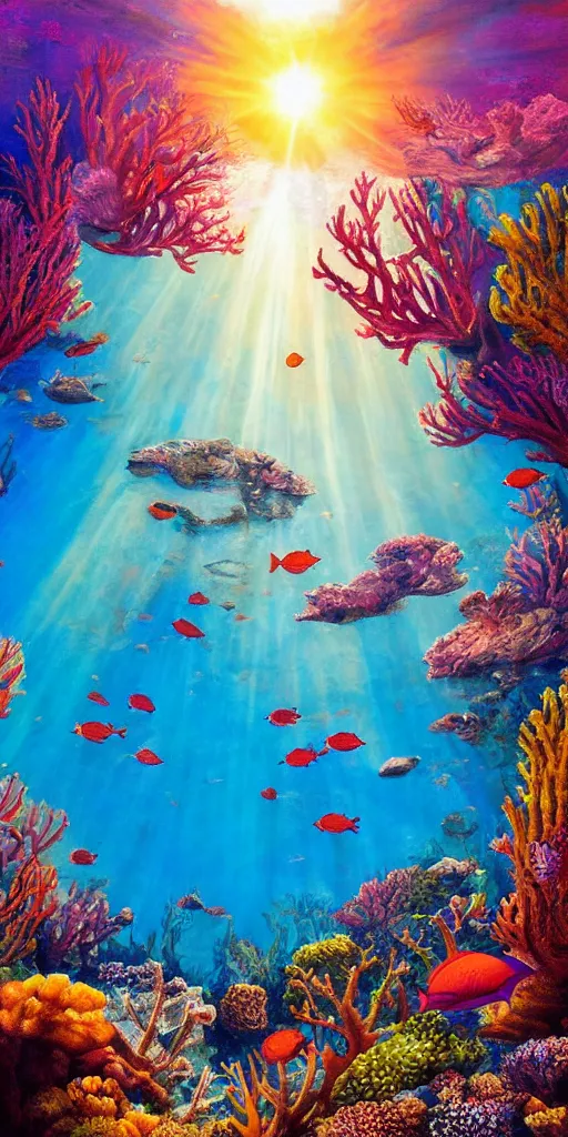 Image similar to underwater coral reef landscape magical realism painting with sun rays coming from above