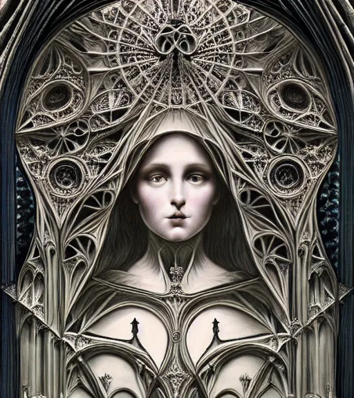Prompt: hyperrealistic detailed portrait of a beautiful young goddess morphing into a gothic cathedral, authentic ornamental architecture, art by ernst haeckel, android jones, h. r. giger, gothic, neo - gothic, heavily ornamental,