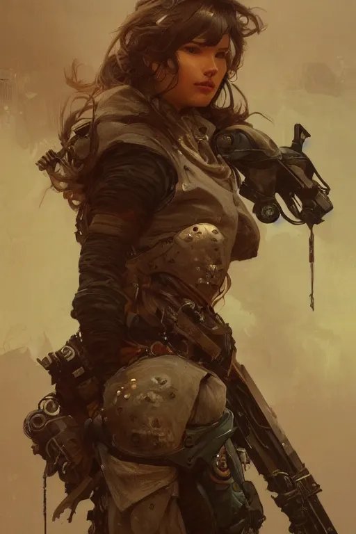 Image similar to A full portrait of a beautiful post apocalyptic heavy gunner, intricate, elegant, highly detailed, digital painting, artstation, concept art, smooth, sharp focus, illustration, art by Krenz Cushart and Artem Demura and alphonse mucha