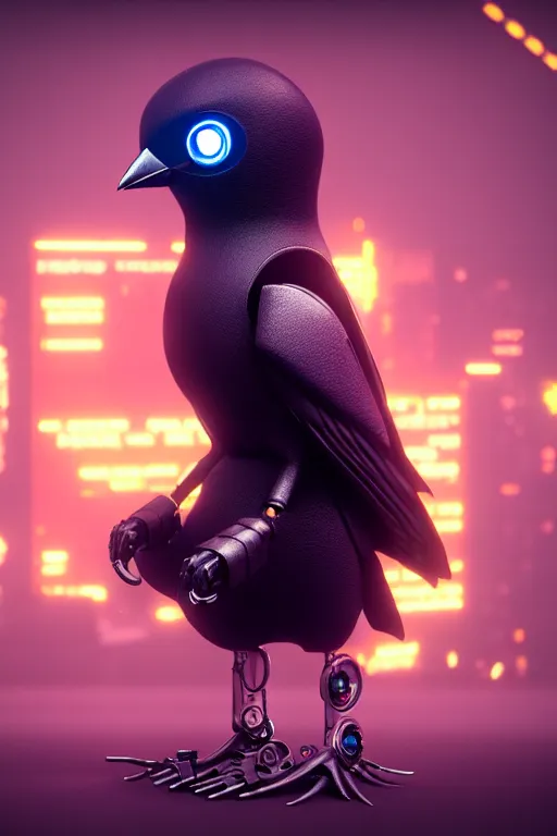 Prompt: high quality 3 d render very cute cyborg crow! incorporated speakers!, cyberpunk highly detailed, unreal engine cinematic smooth, in the style of blade runner & detective pikachu, hannah yata charlie immer, moody light, low angle, uhd 8 k, sharp focus