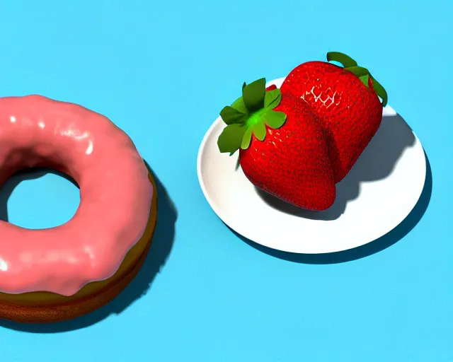 Image similar to 3d render of a strawberry donut on a plate, blue colored room, brick walls, blender, realistic