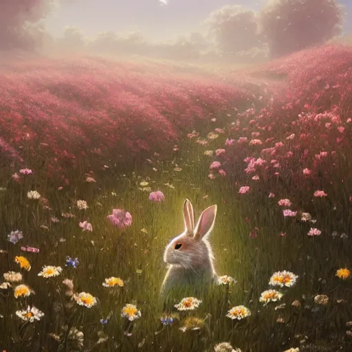 Image similar to a rabbit in a field of beautiful flowers, by stanley lau and greg rutkowski