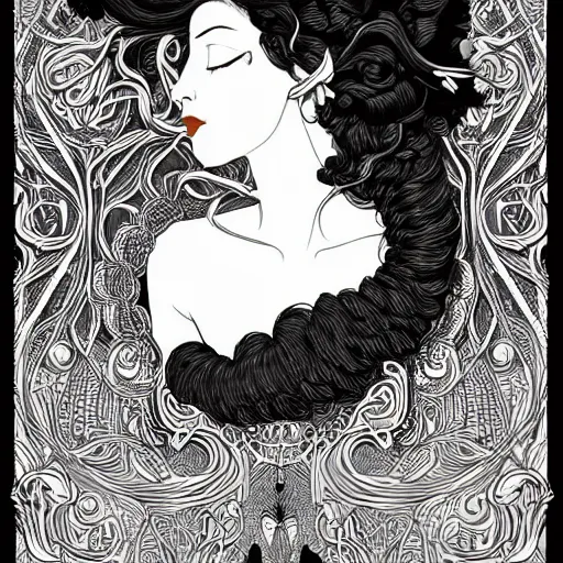 Image similar to filigree detailed illustration of a profile of gypsy girl with long curly hair and big goat horns, aubrey beardsley, tomer hanuka, makoto shinkai