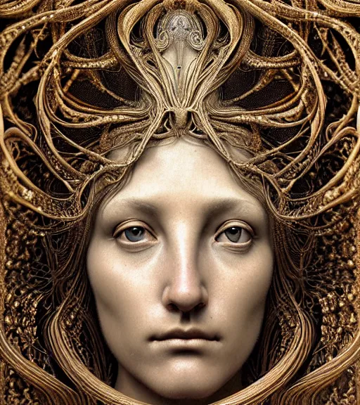 Image similar to detailed realistic beautiful gold goddess face portrait by jean delville, gustave dore, iris van herpen and marco mazzoni, art forms of nature by ernst haeckel, art nouveau, symbolist, visionary, gothic, neo - gothic, pre - raphaelite, fractal lace, intricate alien botanicals, biodiversity, surreality, hyperdetailed ultrasharp octane render