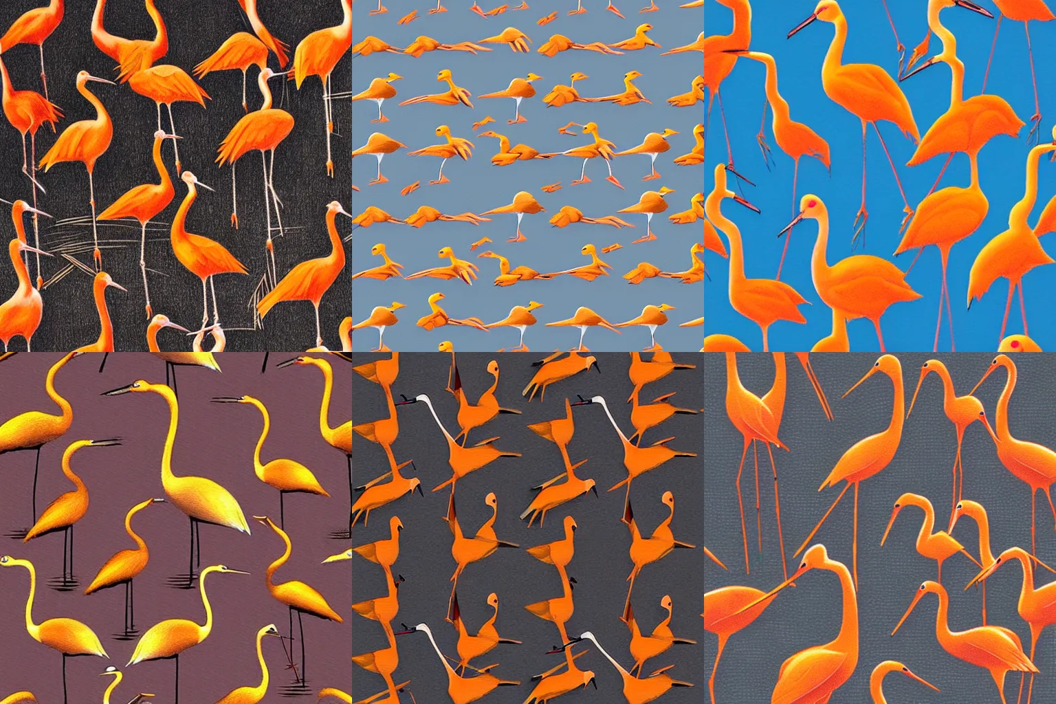 Prompt: seamles pencil drawing of many cranes, wallpaper, texture, orange pastel colors, dark background