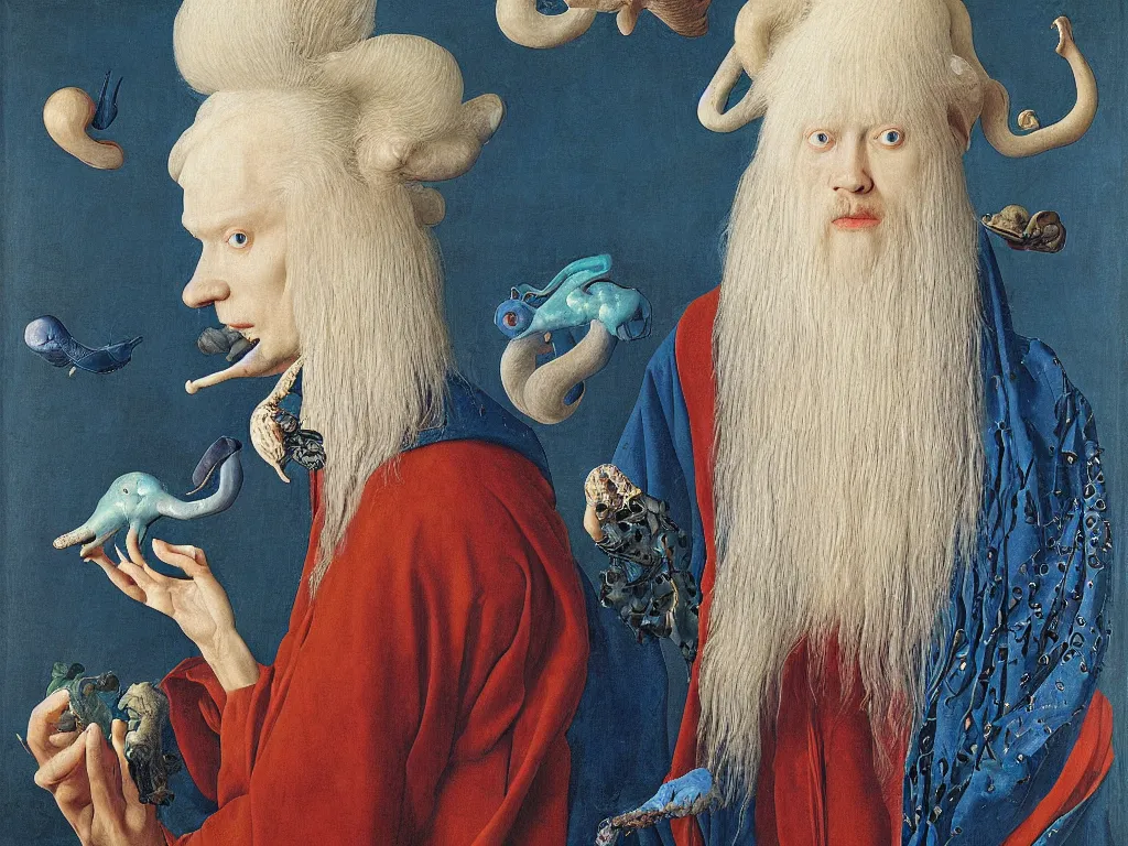 Image similar to Portrait of albino mystic with blue eyes, with exotic beautiful metamorphosing, glowing cuttlefish. Painting by Jan van Eyck, Audubon, Rene Magritte, Agnes Pelton, Max Ernst, Walton Ford