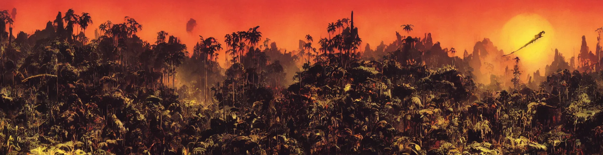 Prompt: panorama backlight of death jungle sunset by frazetta