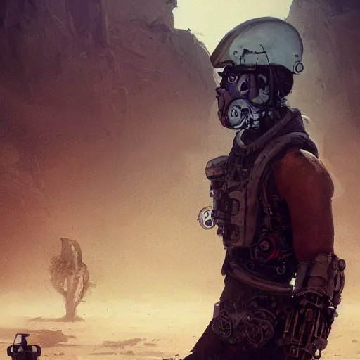 Image similar to a half - masked rugged engineer man with cybernetic enhancements lost in the desert, scifi character portrait by greg rutkowski, esuthio, craig mullins, 1 / 4 headshot, cinematic lighting, dystopian scifi gear, gloomy, profile picture, mechanical, half robot, implants, steampunk