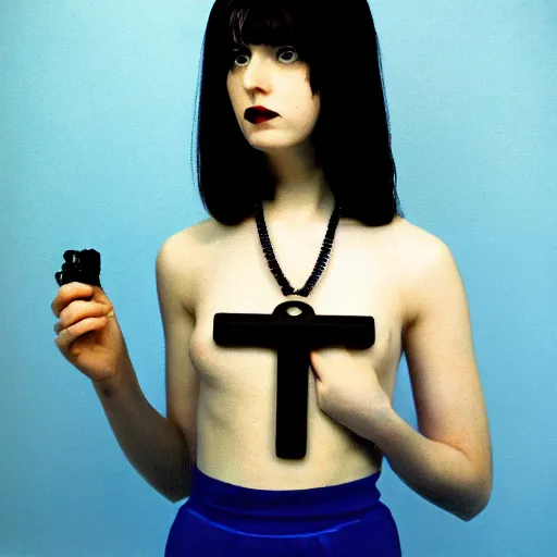 Prompt: full body shot, color slide, Kodak Ektachrome E100, studio photographic portrait of Death as a young friendly, attractive, pale, goth girl, wears a Egyptian Ankh Pendant Necklace on her chest , blue hour, Nikon camera, 75mm lens, f/2.8 aperture, HD, hi-res, hi resolution, deep depth of field, sharp focus, rich deep moody colors, masterpiece image, intricate, realistic, elegant, highly detailed, Shutterstock, Curated Collections, Sony World Photography Awards, Pinterest, by Annie Leibovitz