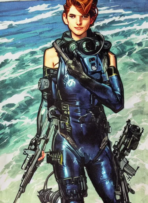 Image similar to Selina. Beautiful USN blackops operator emerging from water at the shoreline. Operator wearing Futuristic wetsuit and looking at an abandoned shipyard. Frogtrooper. rb6s, MGS, and splinter cell Concept art by James Gurney, Alphonso Mucha. Vivid color scheme.