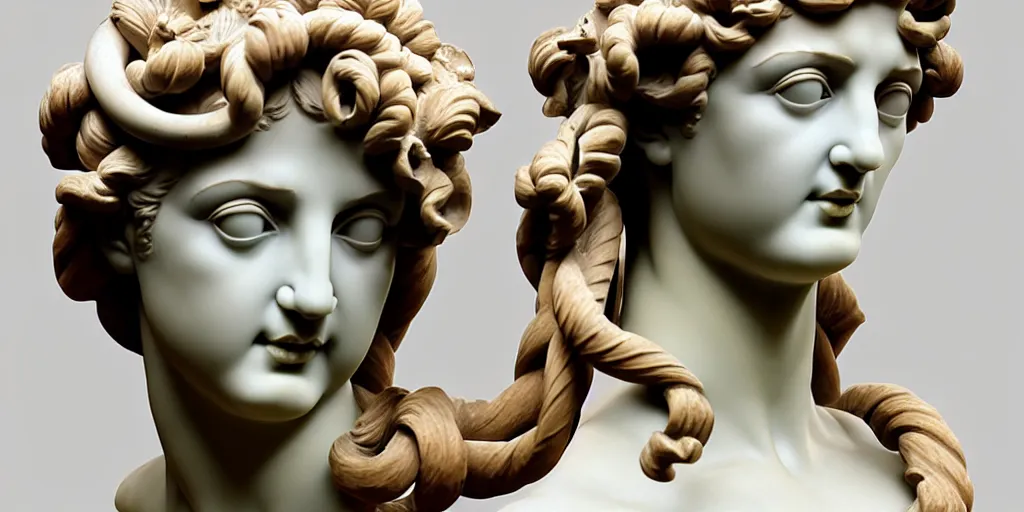 Image similar to greek sculpture, bust, flawless beauty, young woman as medusa