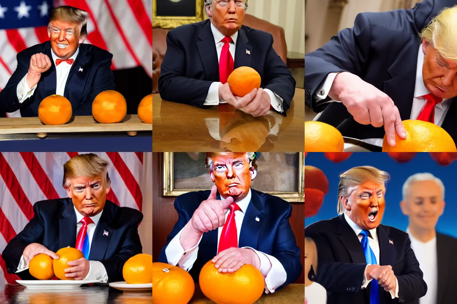 Prompt: donald trump struggling to peel an orange with his tiny hands