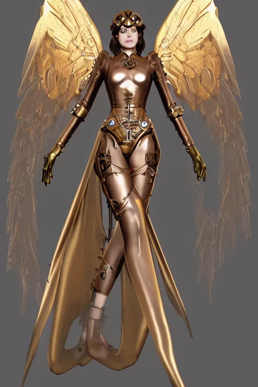 Prompt: Steampunk Angel, mechanical wings, gear halo, empty eyes, metallic bronze skin, golden tech robes, female looking, steampunk fantasy, artstation
