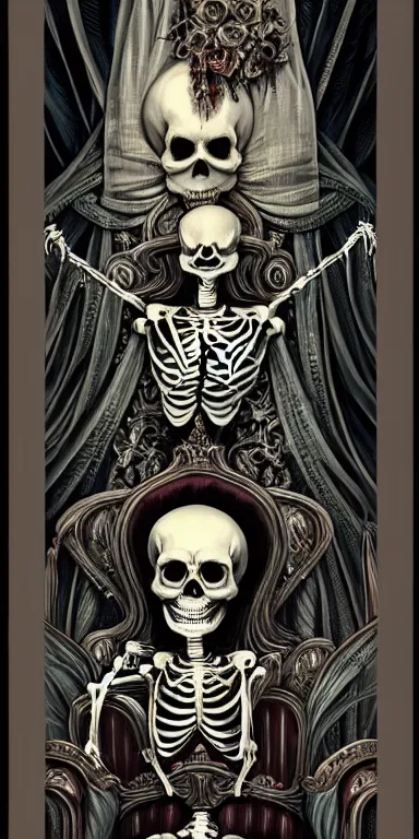 Prompt: a painting of a skeleton sitting on a throne, poster art by James Jean, Joe Fenton, Lise Deharme, Anne Stokes, Brian Despain, Petros Afshar behance contest winner, gothic art, tarot card, apocalypse art, behance hd, macabre poster art,