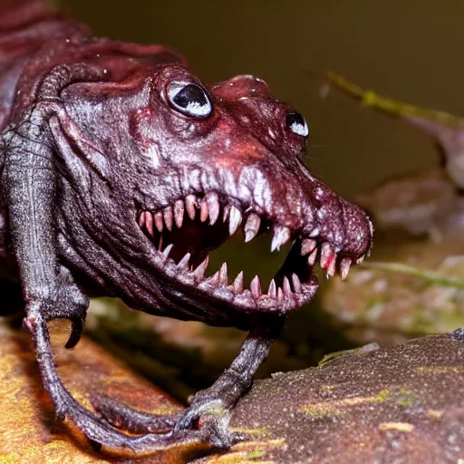 Prompt: real life dark scary forest crawler bloodsucker mutant with wide mouth no jaw