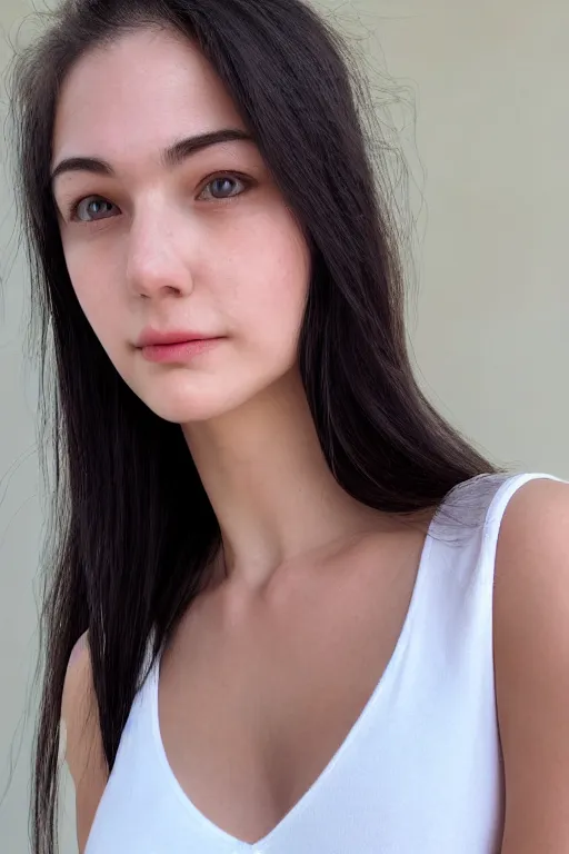 Prompt: 2 4 year old female wearing white v - neck top, neck zoomed in, photo realistic, extreme detail skin, no filter, slr, golden hour, 4 k, high definition, photograph, selfie