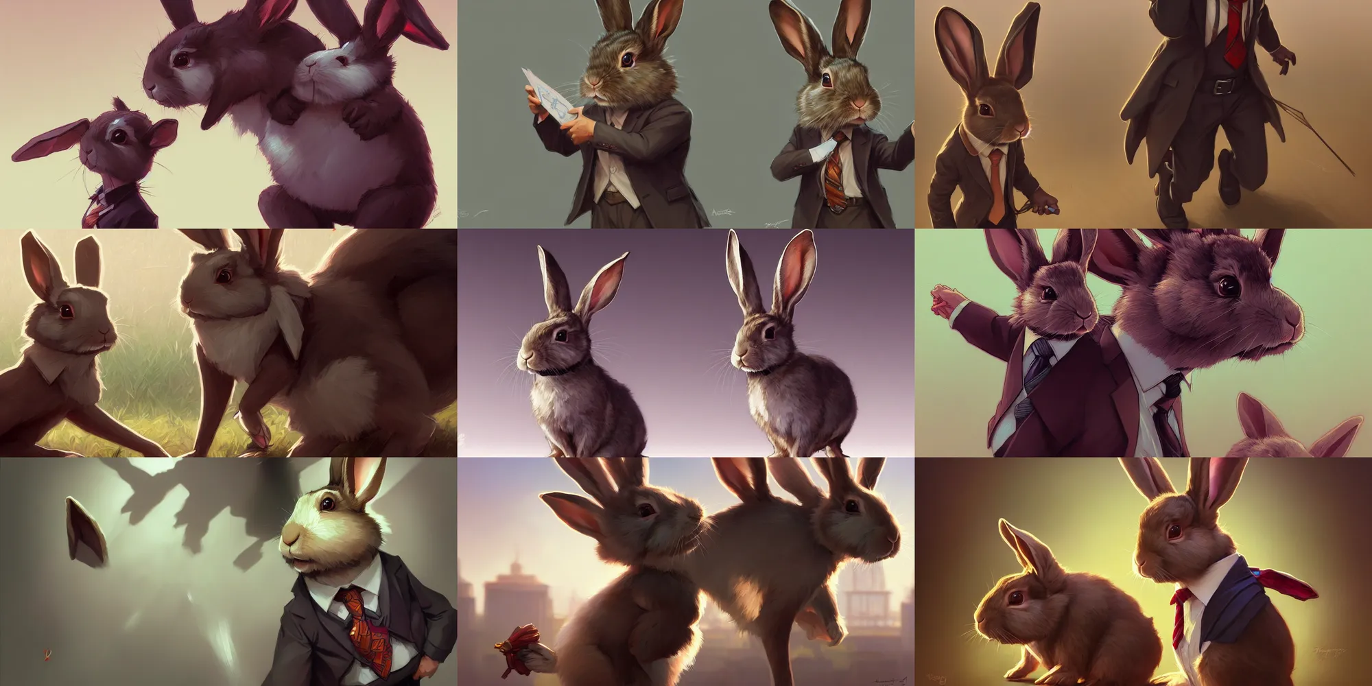 Prompt: rabbit wearing a tie walking, deep focus, turnaround, highly detailed, digital painting, artstation, concept art, matte, sharp focus, illustration, hearthstone, art by artgerm and greg rutkowski and alphonse mucha.