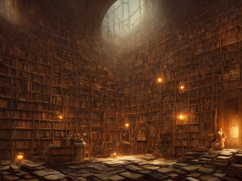 Prompt: an ancient library filled with old tomes, by greg rutkowski and thomas kinkade, digital art, realistic painting, very detailed, cinematic lighting, volumetric lighting 4 k, octane render, trending on artstation