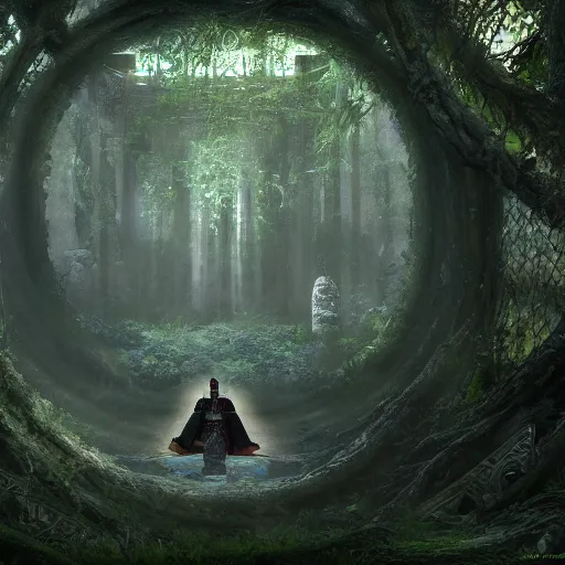 Prompt: a mirrored portrait of a legendary samurai in a mystical overgrown haunted ancient crypt with a gateway to hell in a beautiful forest rays of light 4k digital art unreal engine trending on artstation