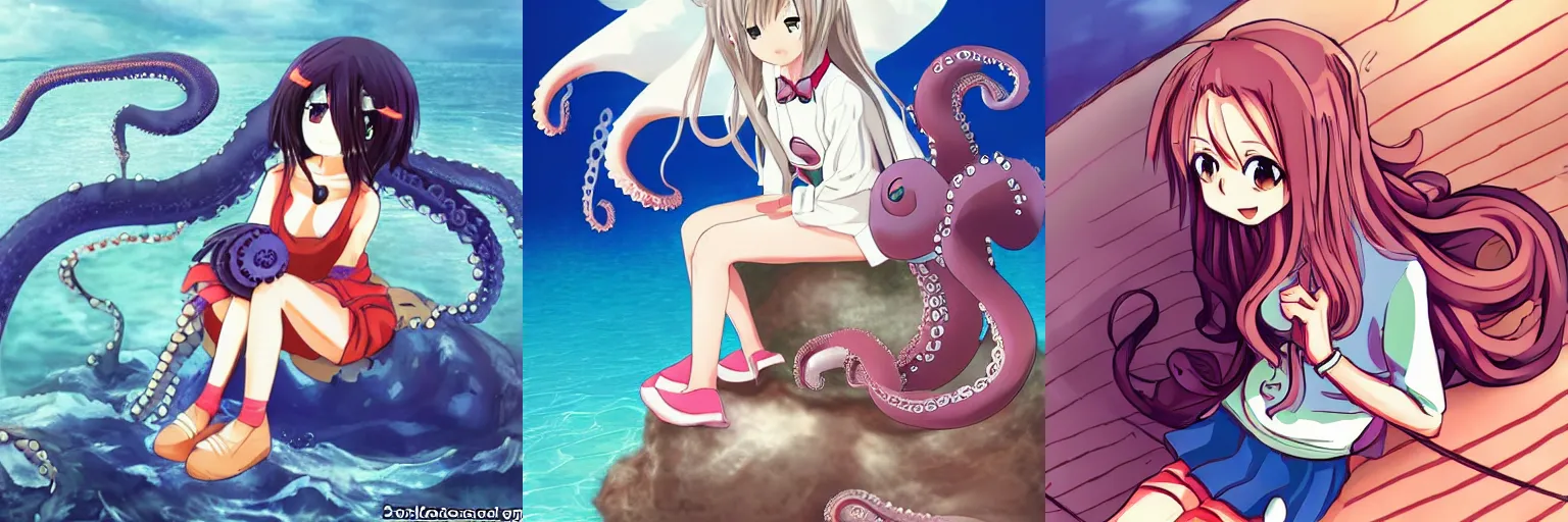 Prompt: An anime girl with sass is sitting on top of an octopus in the sea