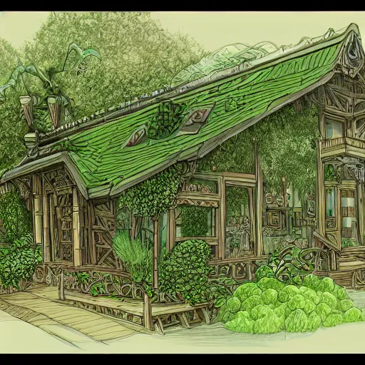 Image similar to annotated highly, detailed and intricate, sketch of a lodge full of green plants, marker concept art style rendering, concept art, half blueprint, trending on artstation, intricate details, center frame, annotations