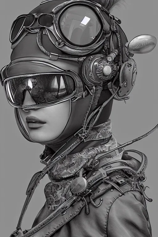 Prompt: studio portrait of a female aviator, wearing aviator goggles, beautiful, elegant, an ultrafine hyperdetailed illustration by kim jung gi, and moebius, jean gireaud, and nicholas delort, intricate linework, detailed faces, super sharp focus, bright colors, final fantasy, unreal engine 5, symmetry, central composition,