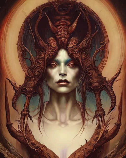 Image similar to perfectly centered portrait front view of a dead rotten beautiful female daemon growing ornamentation, ornate, detailed, symmetrical, elegant, beautifully soft lit, by wayne barlowe, peter mohrbacher, kelly mckernan