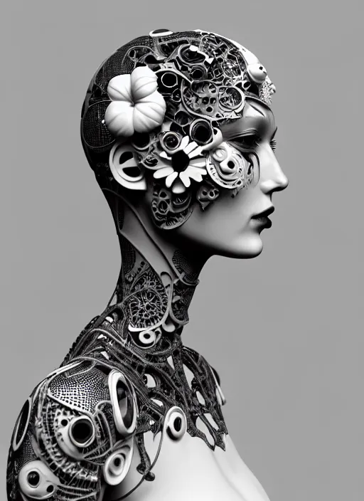 Image similar to black and white 3 d model, biomechanical female cyborg with porcelain profile face and a big floral eye, big leaves foliage and stems, morning glory flowers, hibiscus flowers, boho floral vines, sinuous fine roots, fine filigree foliage lace, alexander mcqueen, rim light, art nouveau fashion pearl embroidered, steampunk, redshift render, 8 k