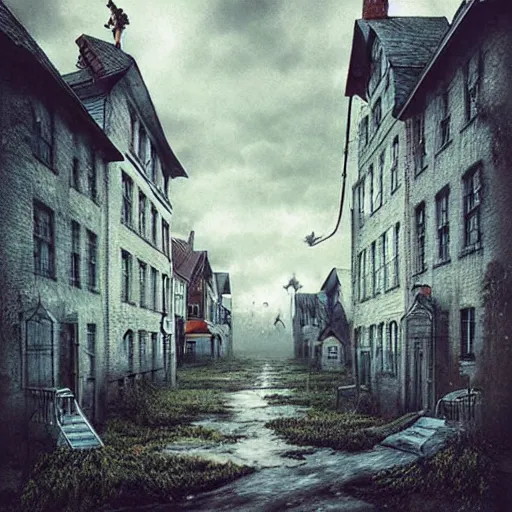 Image similar to Stunning 35mm empty town by Ejsing, Jesper. Full of ghostly children floating above the houses, photography, surrealism, dark, fantasy, Crewdson, Gregory