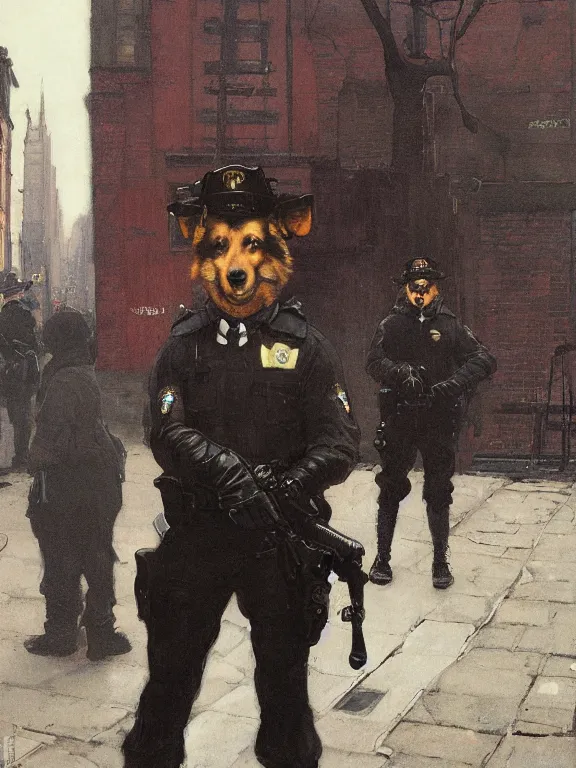 Image similar to new york city portrait of furry anthro anthropomorphic german shepard head animal person fursona wearing clothes nypd traditional police uniform in the alley, sunny day, digital art by Nerdrum John, William Waterhouse, Winslow Homer, Alex Heywood, Jordan Grimmer, Darren Quach, Greg Rutkowski, Simon Stalenhag, trending on Artstation, CGSociety