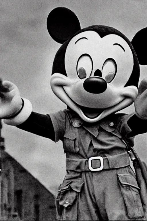 Prompt: 'photo of mickey mouse in saving private ryan, ww2, hyperrealistic, detailed'